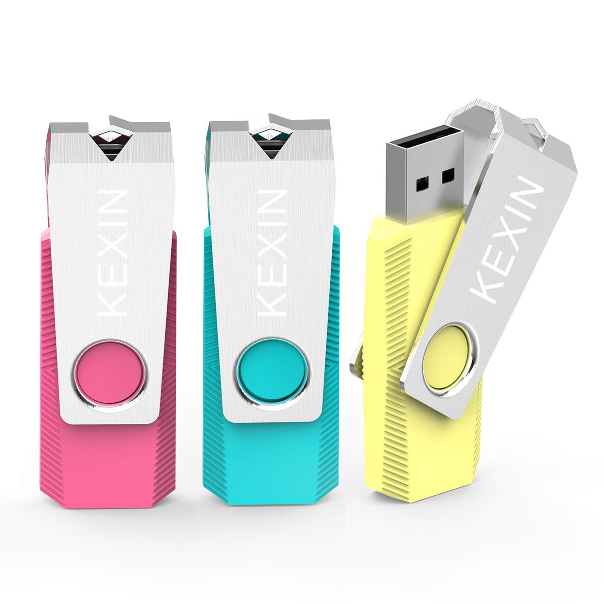 KEXIN 3 Pack 64GB USB Flash Drive 2.0 USB Stick Memory Stick Swivel Thumb Drive External Data Storage Stick Pen Drive USB Flash Drives with LED Light (64gb, 3 Colors: Pink Yellow Cyan) — image 1