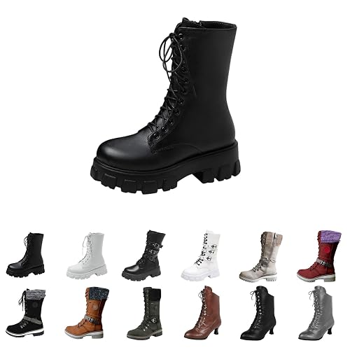 ankle boots for women Womens Winter Boots Women's Plus Size Fashion Thick Heel Round Toe Motorcycle Short Boot Platform Chunky Heel Booties Lace Up Shoes Zipper Waterproof Combat Shoes Black 5