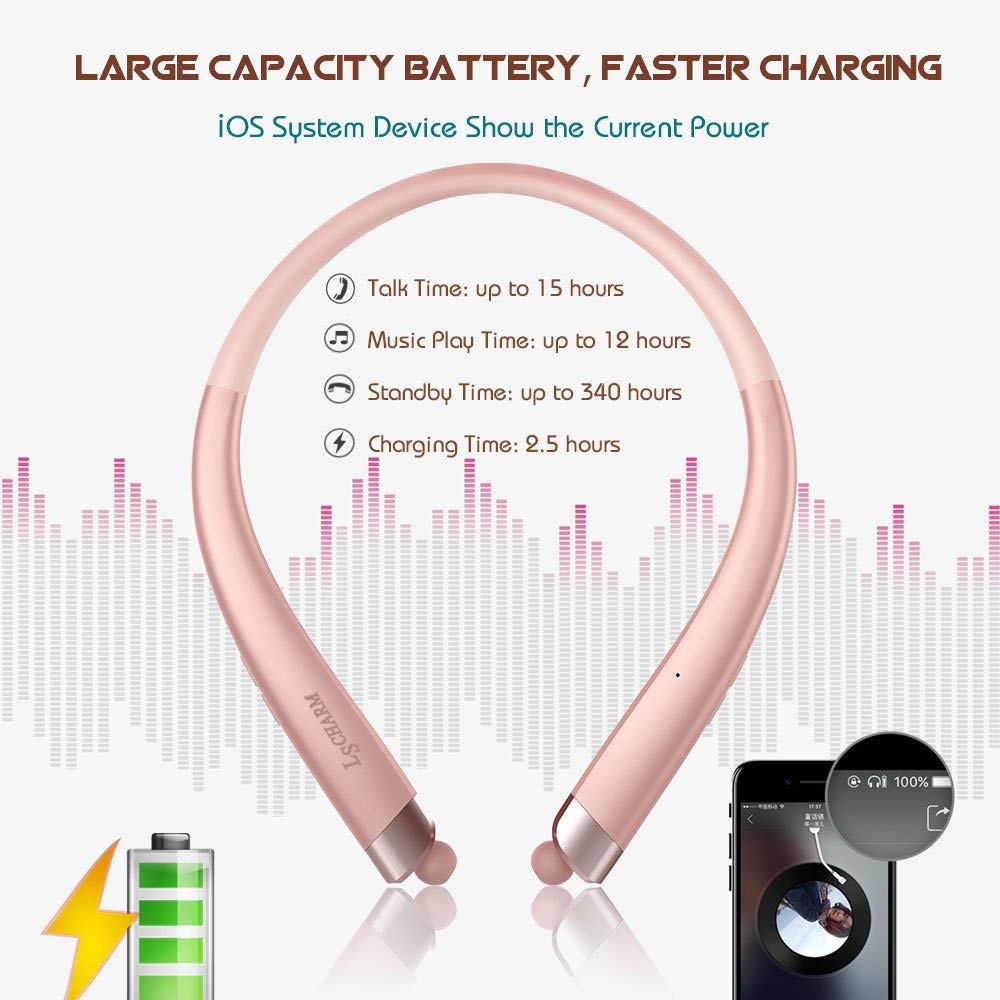Bluetooth Headphones Retractable, LSCHARM Sport Wireless Stereo Neckband Headset Retractable Earbuds Noise Cancelling with Mic (Rose Gold)