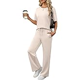 ANRABESS Women's Lounge Sets 2 Piece Outfits 2026 Summer Casual Short Sleeve Sweatsuits Matching Tracksuits Wide Leg Pant Set