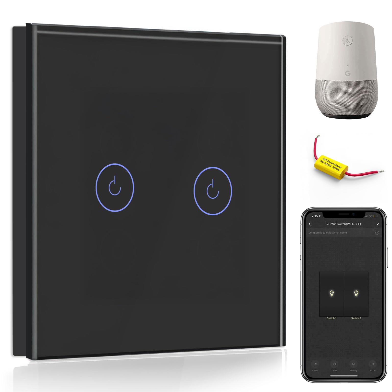 BSEED WiFi Touch Switch Black,2 Gang 1 Way Smart Light Switch Compatible with Alexa and Google Home,with Smart Life Remote Control(No Hub Required)-No Need Neutral Wire