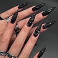 MISUD Press on Nails Long Stiletto Fake Nails Matte Glue on Nails Goth Black Acrylic Nails Almond Artificial Nails Gothic Snake Stick on False Nails with Design 24pcs