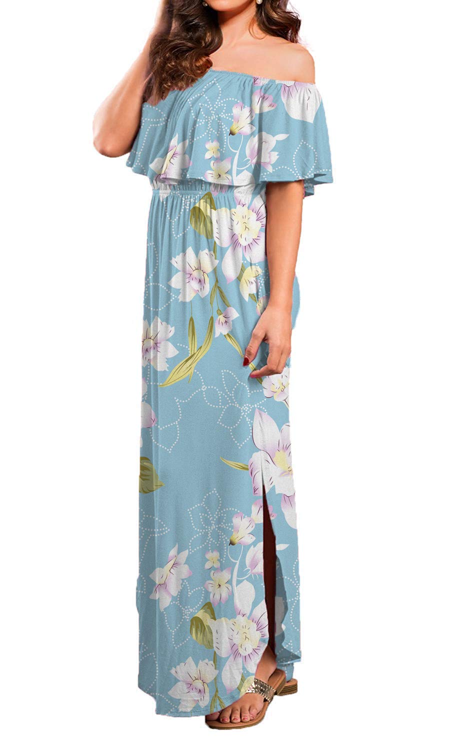 Donnalla Womens Off The Shoulder Summer Side Split Dress Ruffle Beach Long Maxi Dresses with Pockets(Blue Floral Large)