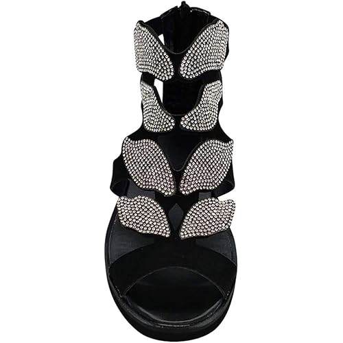 Women's Rhinestone Flat Sandals,Women's Open Toe Strappy Gladiator Roman Rhinestone Butterfly-Shape Covered Leaf Flame Wings Comfort Ankle Flat Sandal Shoes (43, Black)
