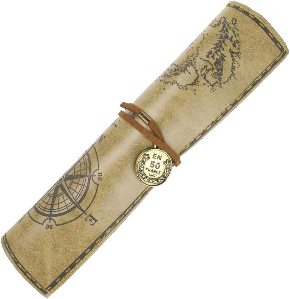 Pen Case Pencil Holder Pencil Roll Pouch Soft Roll Wrap Bag Pouch Stationery Retro Vintage Pirate Treasure Map Pattern Pen Roll Organizer with Pendant,Khaki