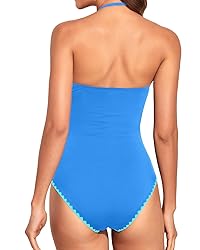 Holipick Women Blue with White One Piece Swimsuits