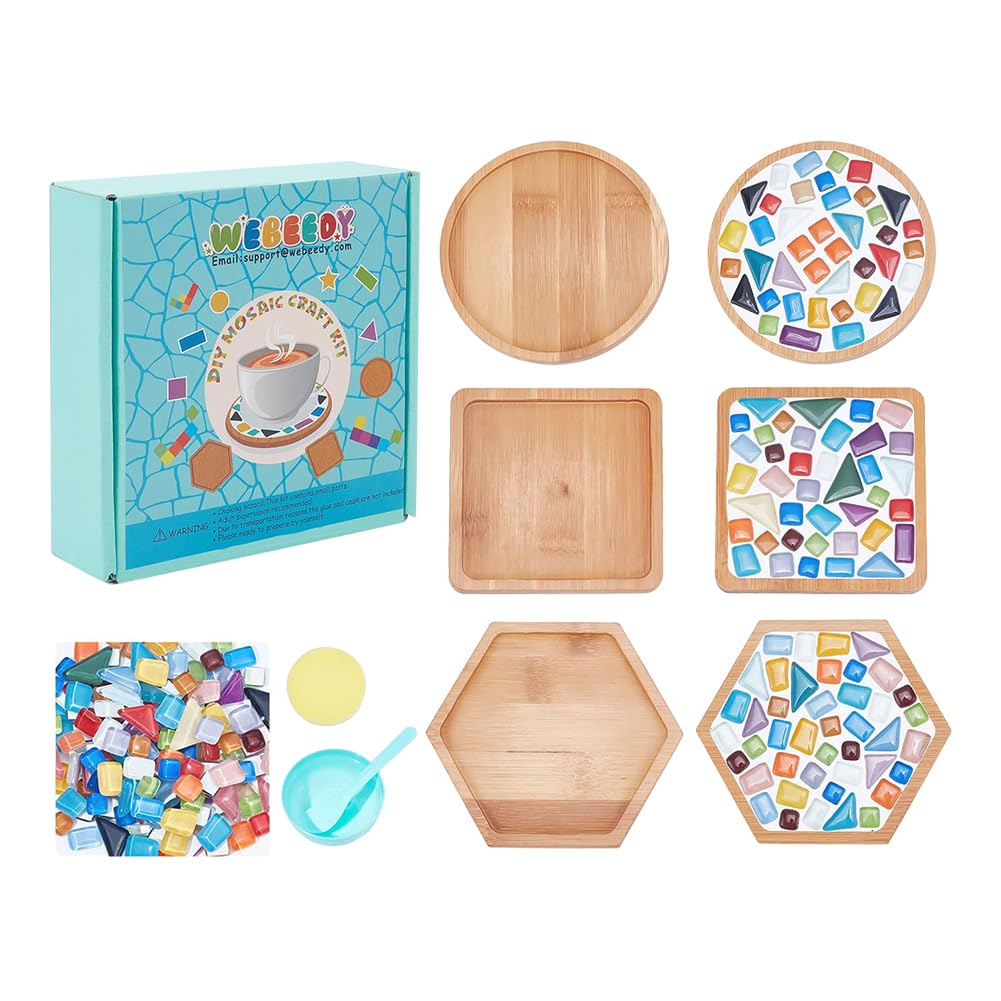 WEBEEDY 3 Sets Glass Tile Mosaic Kit, Mosaic Coaster Kit Glass Mosaic Coaster Base Bamboo Cup Coasters for Drinks DIY Art and Craft Kits for Adults Decorative Tray Christmas Home Decor Gift