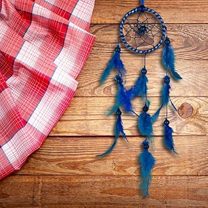 ILU Dream Catcher Wall Hanging Handmade Beaded Circular Net with Feather Decoration Ornaments Size 7.5cm Diameter Blue