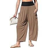 TARSE Womens Linen Wide Leg Pants Casual Loose Elastic Waist Beach Travel Vacation Palazzo Harem Pants with Pockets