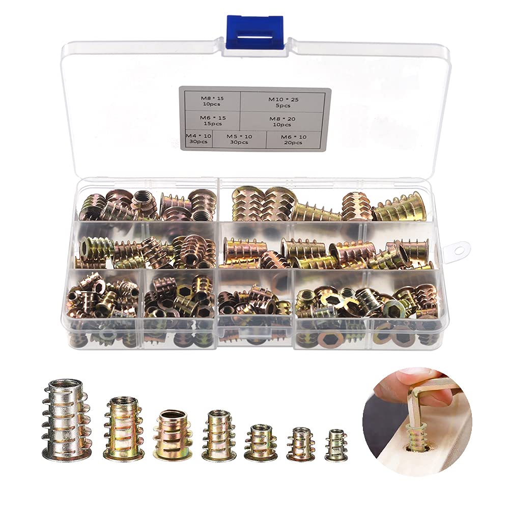 YIXISI 120 PCS Zinc Alloy Hex Socket Screw-in Nuts Kit, Furniture Hex Socket Screw Inserts Threaded Insert Nuts M4 / M5 / M6 / M8 / M10, for Wood Furniture