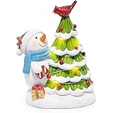 Hodao Christmas Tree Figurine Decorations — Lighted Hand-Painted Resin Snowman with Cardinal, Tabletop Decor for Family or Friends | Mantel, Shelf, Living Room Display