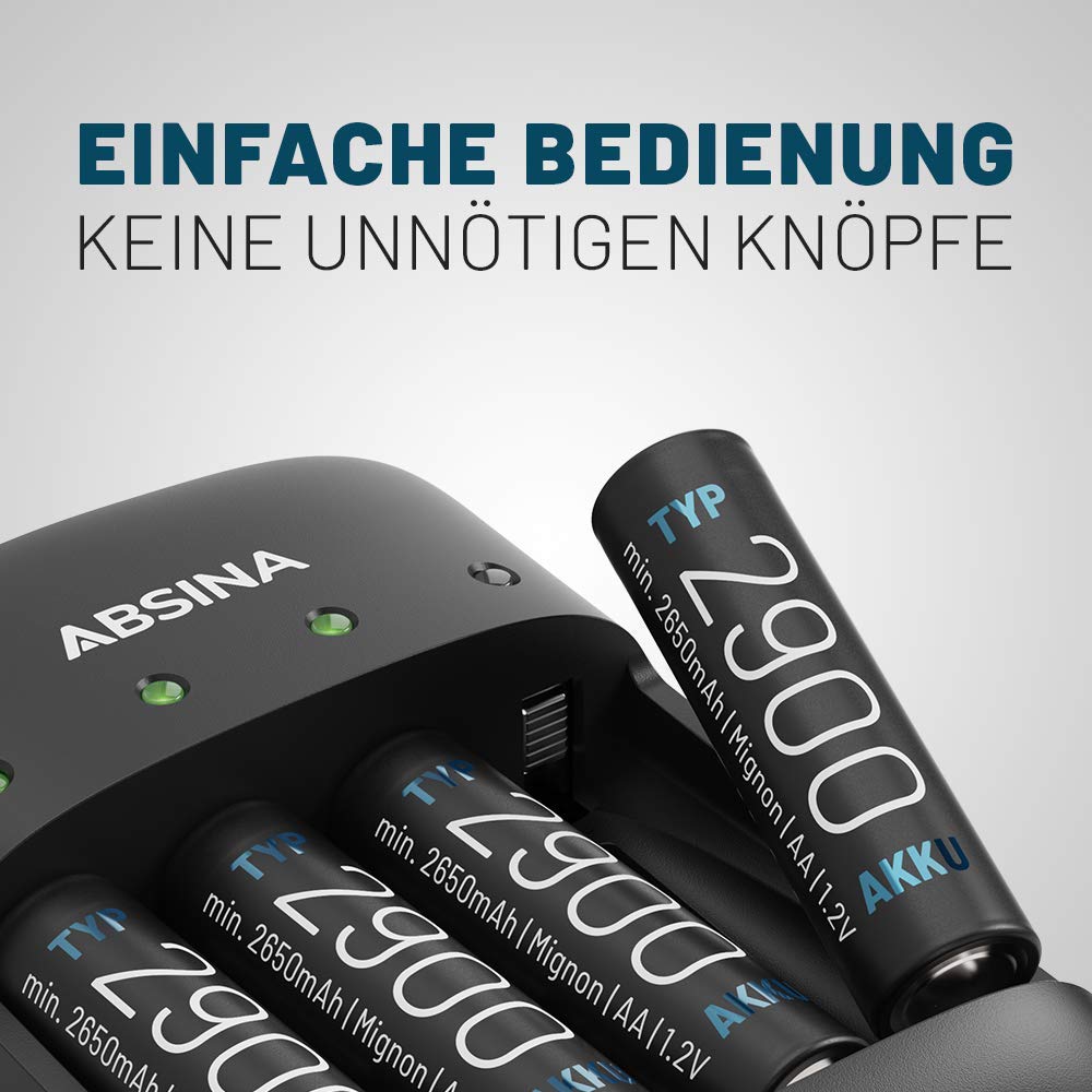ABSINA Akku Ladegerät AA AAA & 9V - NiMH Batterieladegerät AAA AA & 9V Block 4-Fach für wiederaufladbare Batterien - Akkuladegerät - Battery Charger - Batterie Aufladegerät 2