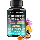 Elderberry Immune Support Supplement 8-in-1 Formula with Echinacea, Vitamin C & Zinc, Vitamin D 5000 IU, Turmeric, Ginger, Ashwagandha – 60 Capsules