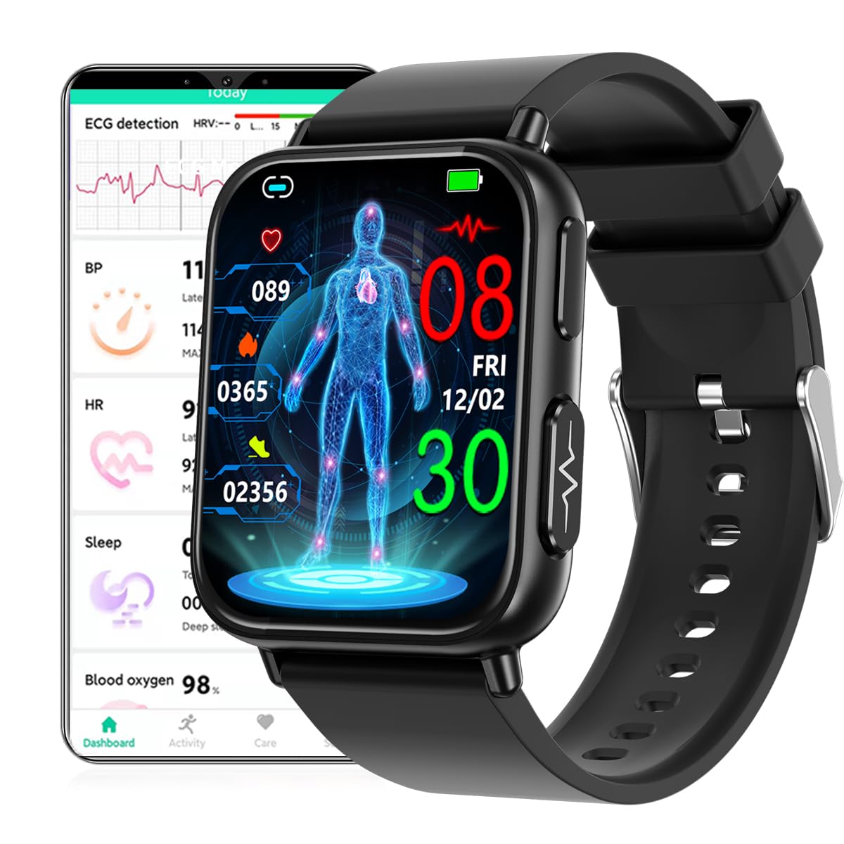 DigiKuber Smart Watch EKG, 1.91 Inch Waterproof Smartwatch with ECG, Blood Pressure, SpO2, Heart Rate, Body Temperature, Messages and Call Reminder for Android iOS (Black, TPU 22mm)