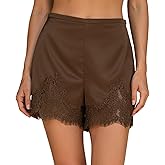 Womens Lace Trim Satin Shorts Y2k Shiny Elastic Waist Mini Shorts Side Zip Slip Pj Bottoms French Knickers