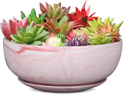 Amazon Com 8in Marble Large Round Succulent Planter Flower Pot Indoor And Outdoor Ceramic Planter With Marble Tray Pink Garden Outdoor