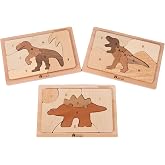 Adena Montessori Wooden Dinosaur Puzzle Set, My First Puzzle, Ages 2-4 | My first wooden dinosaur puzzle for ages 2-4, 3 puzzles: Stegosaurus, Tyrannosaurus rex, Velociraptor.