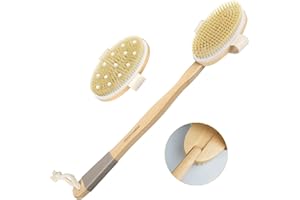 Dry Brushing Body Brush, POPCHOSE Body Scrubber for Men Women, Back Scrubber for Shower, Natural Bristle Exfoliator Scrubber for Body Cellulite and Lymphatic, Long Handle, Detachable, Dual Brush Heads