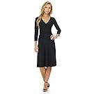 Rekucci Women's Slimming 3/4 Sleeve Fit-and-Flare Crossover Tummy Control Dress PETITE (2SHORT,Black)