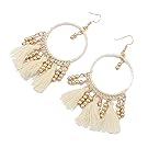 Handcrafted Beads Tassel Eardrop Statement Big Drop Dangle Hoop Long Earrings for Women White