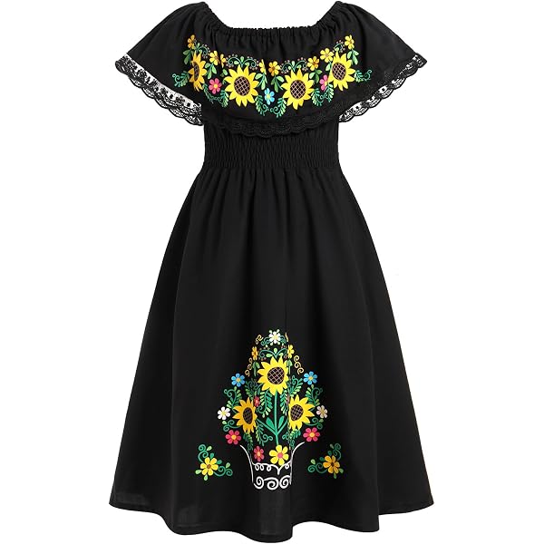 mexican embroidered dress off shoulder Women Mexican Dress Off Shoulder Floral Embroidered Long Maxi Dress Summer Beach Party Cinco de Mayo Dresses Black S at Amazon Women's Clothing store