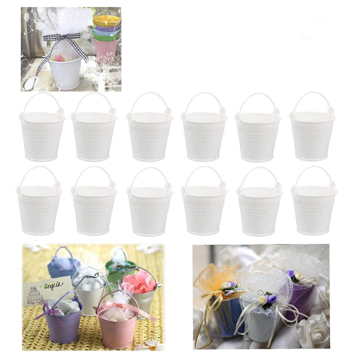 Dproptel 12 Pack All-in-1 Mini Metal Bucket Candy Favours Box Pail Wedding Party Gift/Serving Bucket, Chip Bucket, Condiment Packet Holder, Ash Tray Bucket - White