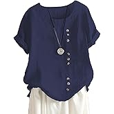 Women Cotton Linen Crew Neck Short Sleeve Tunic, Tee Shirts Tops Loose Fit, Linen Blouse for Women