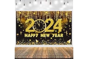 GERMISHUYS Happy New Year Banner Backdrop Decorations, Happy New Year Decorations 2024, Black Gold New Year Party Decorations Banner Backdrop for 2024, New Years Eve Party Supplies