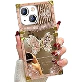 AuroiCYY for iPhone 15 Plus Cute Case, Glitter Foldable Bling Butterfly Kickstand Soft Cover Mirror Back Golden Plated Shockproof Protective Elegant Woman Gilry Phone Cover for iPhone 15 Plus (Pink)