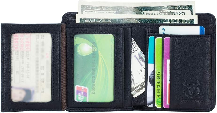 BULLCAPTAIN Mens Wallet RFID Blocking Bifold Genuine Leather Slim Wallet With 2 ID Window (Black)