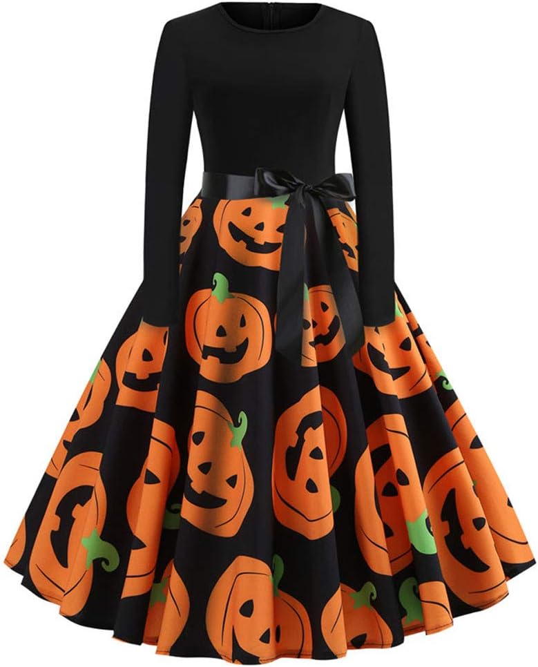 Women's Vintage Print Long Sleeve Halloween Evening Party Swing Dress