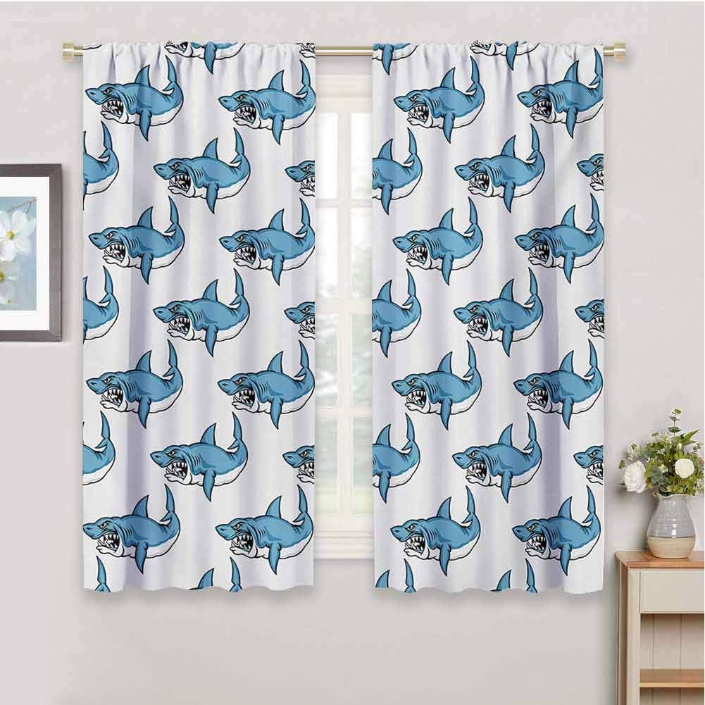 GUUVOR Animals Blackout Curtain Fierce Predator Wild Shark Swimming Sharp Teeth Bite Nautical Theme Pattern 2 Panels W42 x L72 Inch Blue White