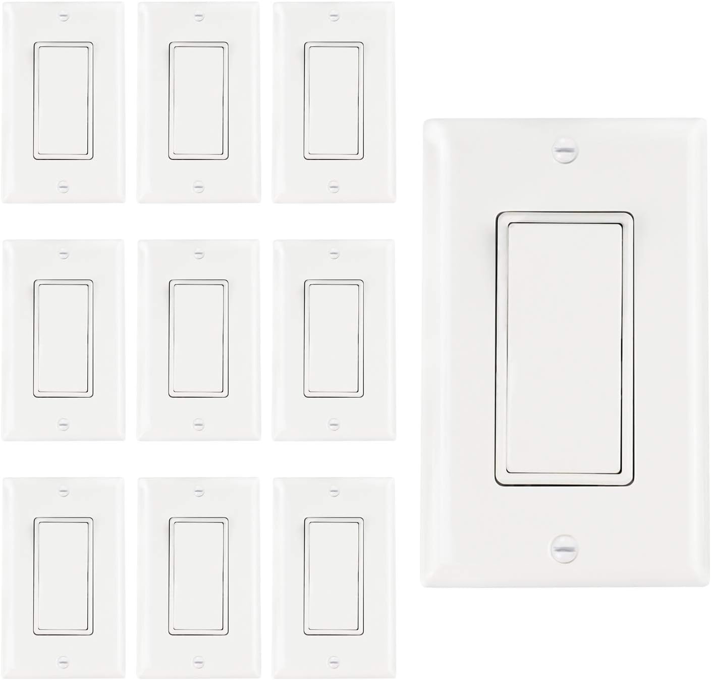 AbboTech Light Switch With Wall Plates Included,Decorative ON/OFF Wall Switch Single Pole,15A,120-270V,Residential&Commercial Grade,10 Pack,UL Listed,White (single pole)