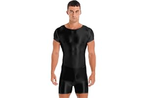 Moily Men's One Piece Oil Glossy Bodysuit Stretchy Short Sleeve Boyleg Athletic Jumpsuit Swimwear