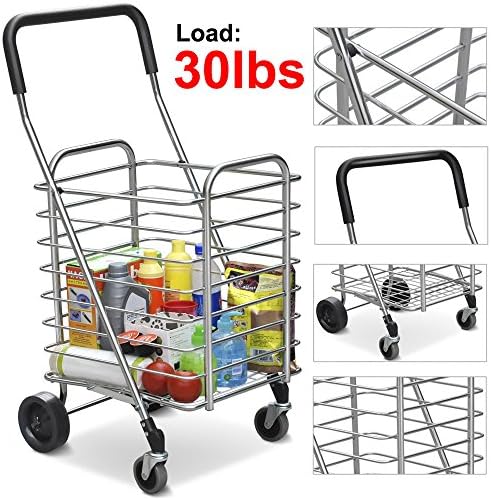 Globalbid Travel Shopping Cart Jumbo Aluminum Folding Swivel Wheel Grocery Laundry Cart
