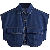 Hotmiss Womens Cropped Button Down Shirt Summer Collared Sleeveless Loose Denim Top with Pockets