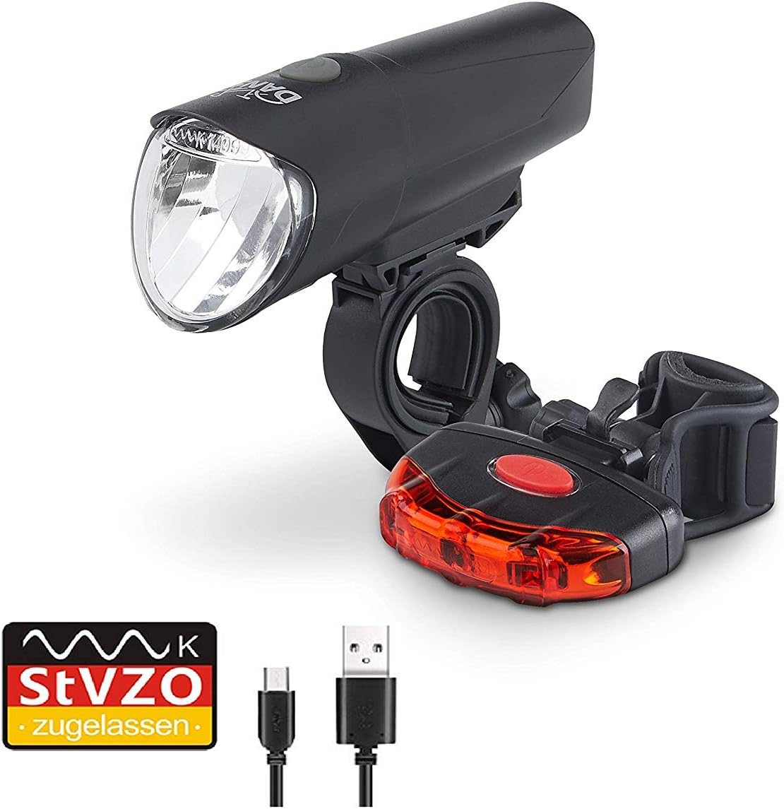 Dansi StVZO 44002 LED Bicycle Battery Light Set with Front and Rear Light, Switchable Between 60/30/15 Lux, Rain and Shockproof, Black