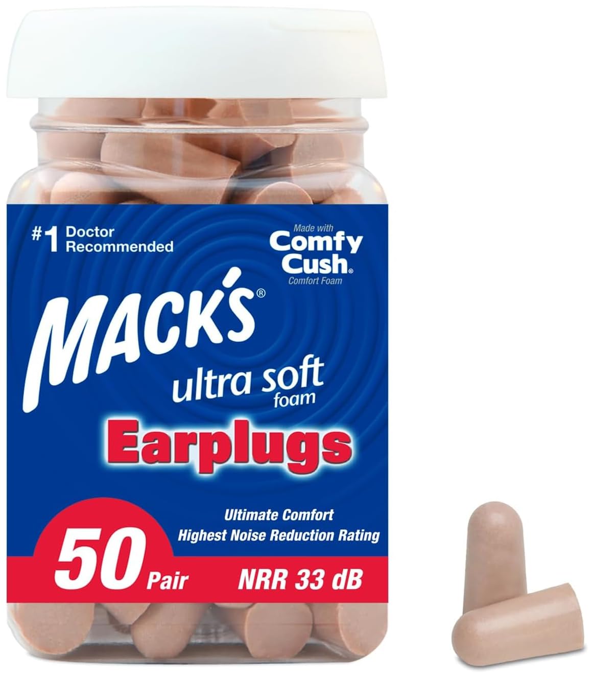 Photo 1 of Mack's Ultra Soft Foam Earplugs, 50 Pair - 33dB Highest NRR, Comfortable Ear Plugs for Sleeping, Snoring, Travel, Concerts, Studying, Loud Noise, Work | Made in USA