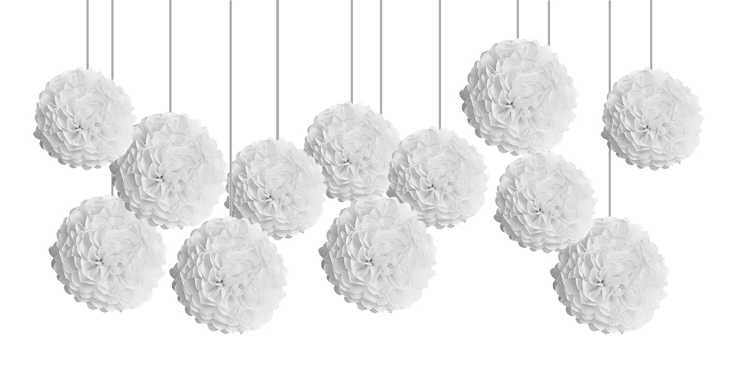 White Tissue Paper Pom Poms，12pcs Paper Flower for Party Decorations(Mix 12" & 10")