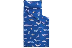 Wake In Cloud - Nap Mat with Removable Pillow for Kids Toddler Boys Girls Daycare Preschool Kindergarten Sleeping Bag, Sea Life Whale Fish Dolphin Printed on Blue,100% Soft Microfiber