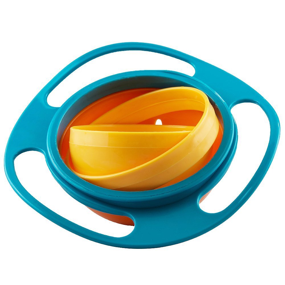 Jzhen Saturn Spill-proof Baby Bowl, 360 Degree Rotation Tableware with Lid, Orange, Small, Kid's Training