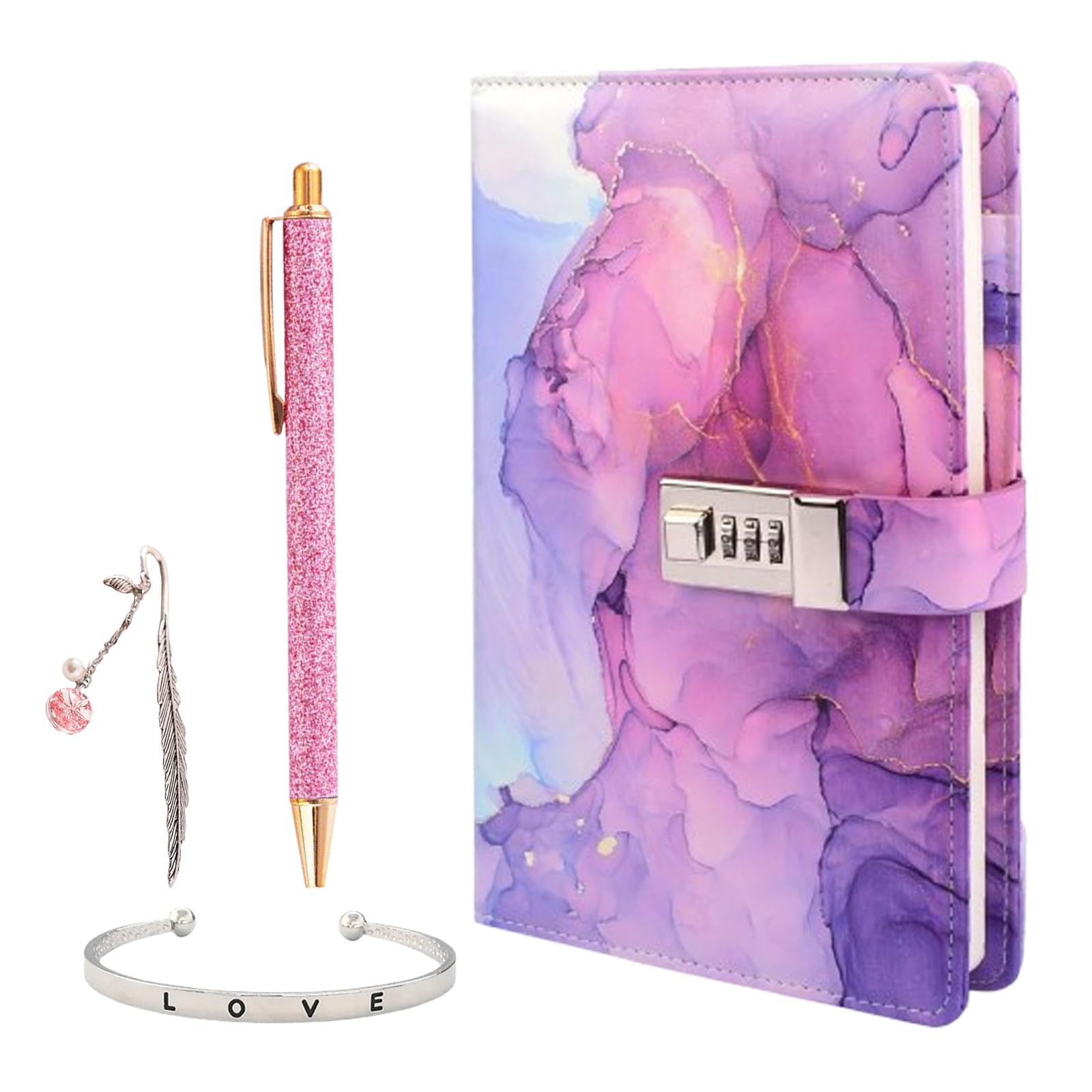 Diary With Lock Can Be Used As a Gift，1 x Secret Diary for Girl 1x Sparkly Pen 1 x Bracelet And 1 x Feather Bookmark Lockable Diarys for Girls Gifts, Lockable Journal Girl Birthday Presents (Violet)