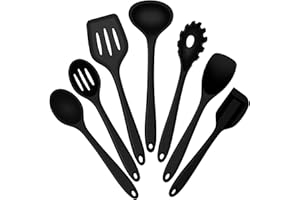 E-far Silicone Cooking Utensils Set, 7-Piece Black Heat Resistant Kitchen Utensils Set, Kitchen Nonstick Tools Spatula Ladle 