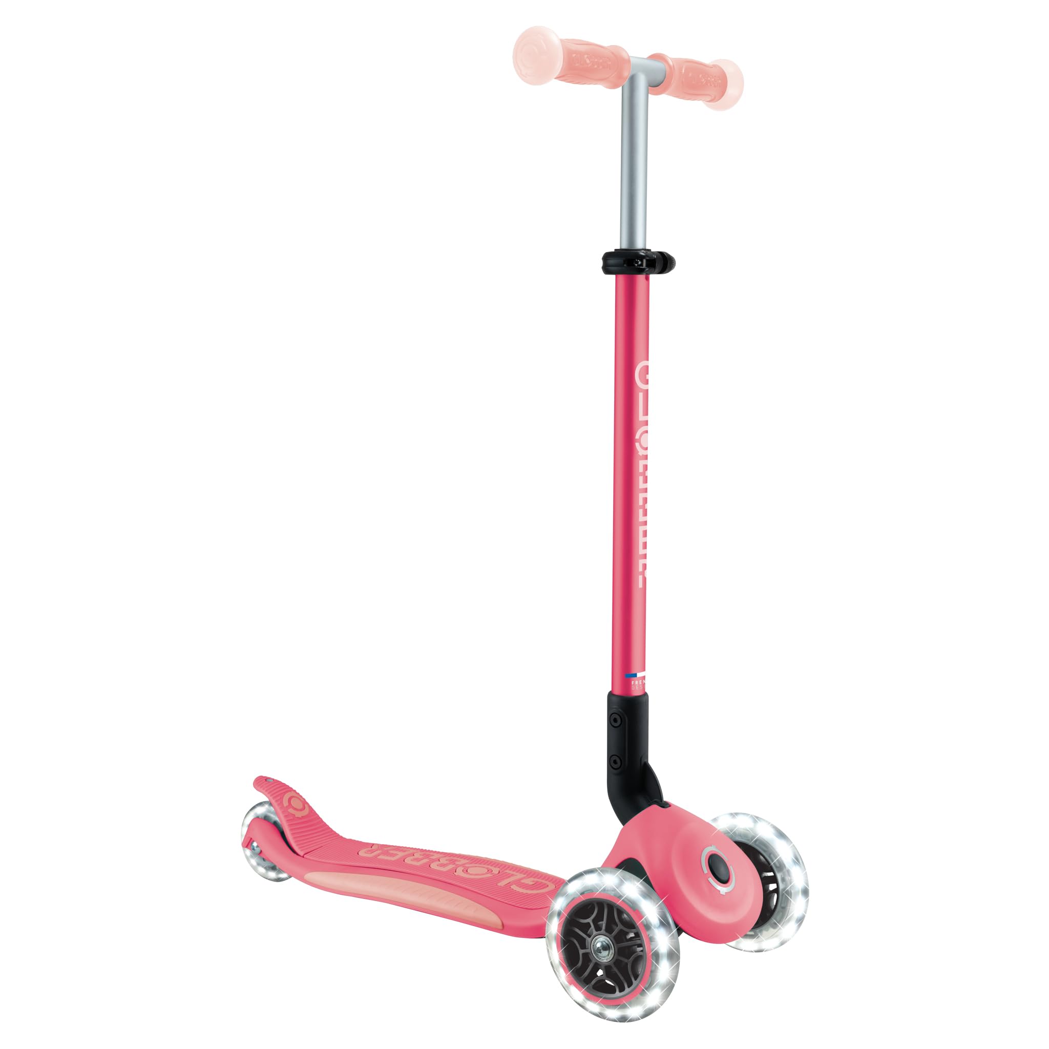 Globber Elite Kids 3 Wheel Light Up Glow Scooter - Foldable - 3 Years to 9 Years Plus - LED Wheels - 2 Year Warranty (Coral Pink)