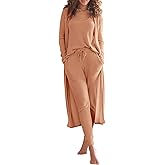 Eurivicy Womens Lounge Set Waffle Knit 3 Piece Pajama Sets Tank Tops Loose Pants with Long Cardigan Loungewear 2025 Khaki