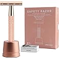 Double Edge Safety Razor with Stand, Reusable Metal Single Blade Razors for Men and Women, with 10 Platinum Coated Double Edge Safety Razor Blades, Women's Safety Shaving Razors, Rose Gold