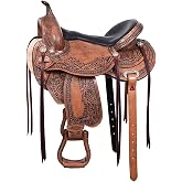 HILASON Western Trail Saddle Antique Brown Flex Tree | Hand tooled leather, 6-8 inch gullet, 26 lb, 26 inch skirt, front and rear cinch straps