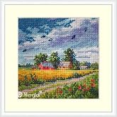 Merejka Counted Cross Stitch Kit Summer K-279A - Countryside Landscape, Red Barn, Wheat Field &amp; Poppies, Zweigart 16-Count White Aida, 36 DMC Colors, Finished 11.5x11.5 cm (4.5x4.5 in)
