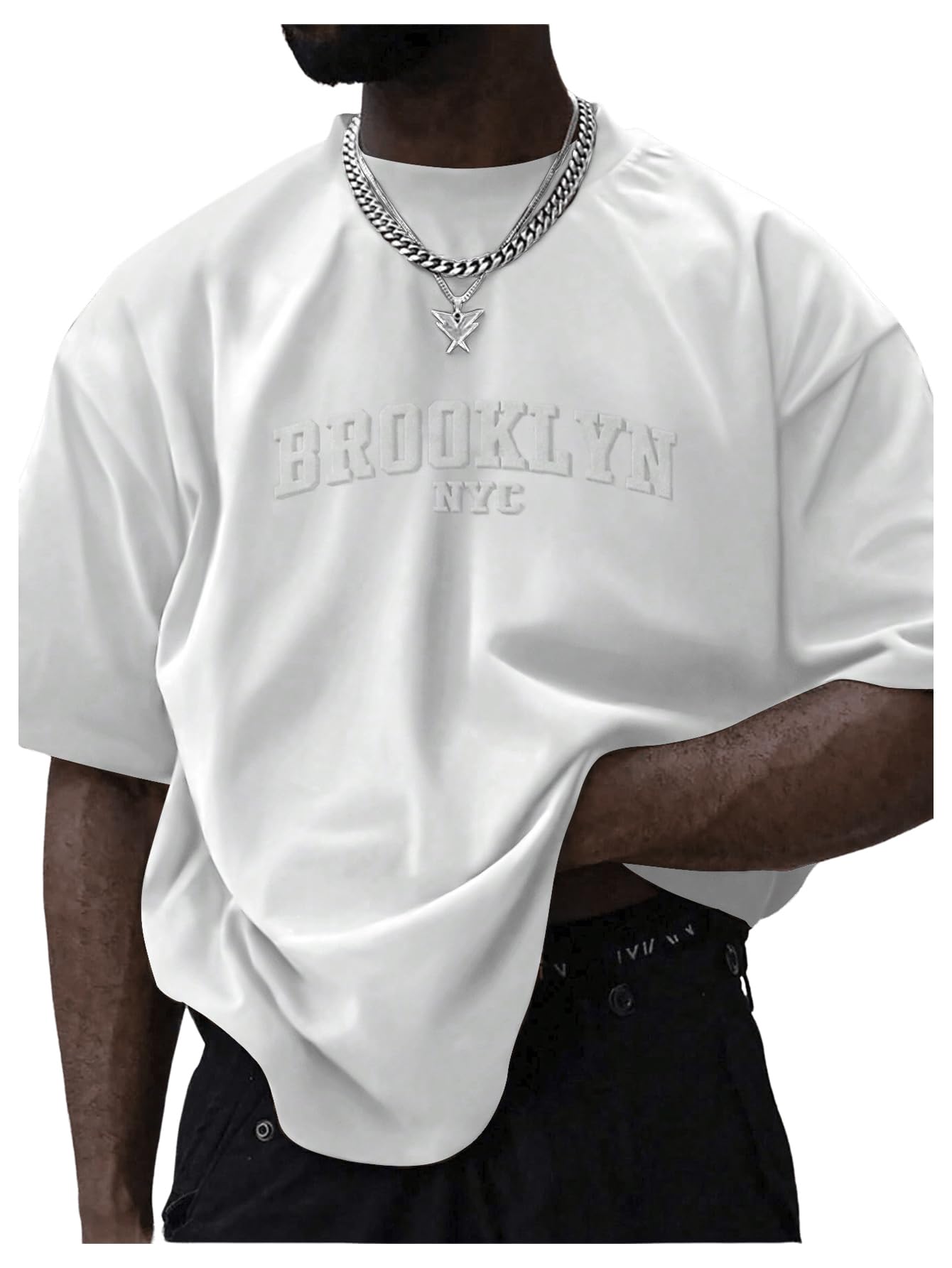 Photo 1 of GORGLITTER Men's Oversized T Shirt Letter Graphic Short Sleeve Drop Shoulder Crewneck Tee Tops White Large