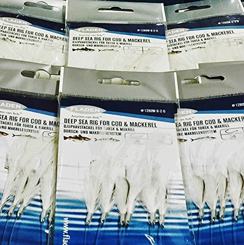 FLADEN (Min of 23 Packs of WHITE FEATHERS - 6 Hooks - Sea Fishing Lure Rig (Hook Size 2/0) - Excellent Deep Sea Rig for Cod Pollock and Ling [17-1280W-6-2/0-25]